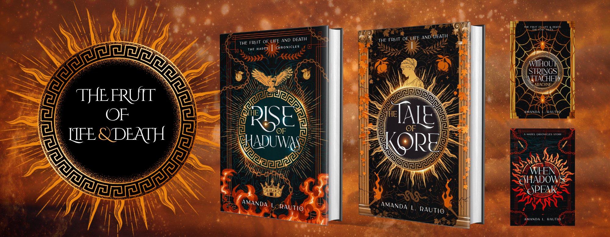 A promotional graphic showing multiple book covers and a large title badge for 'The Fruit of Life & Death' on a fiery orange-brown background. The books feature dark black and gold designs with glowing text and ornate circular emblems.
